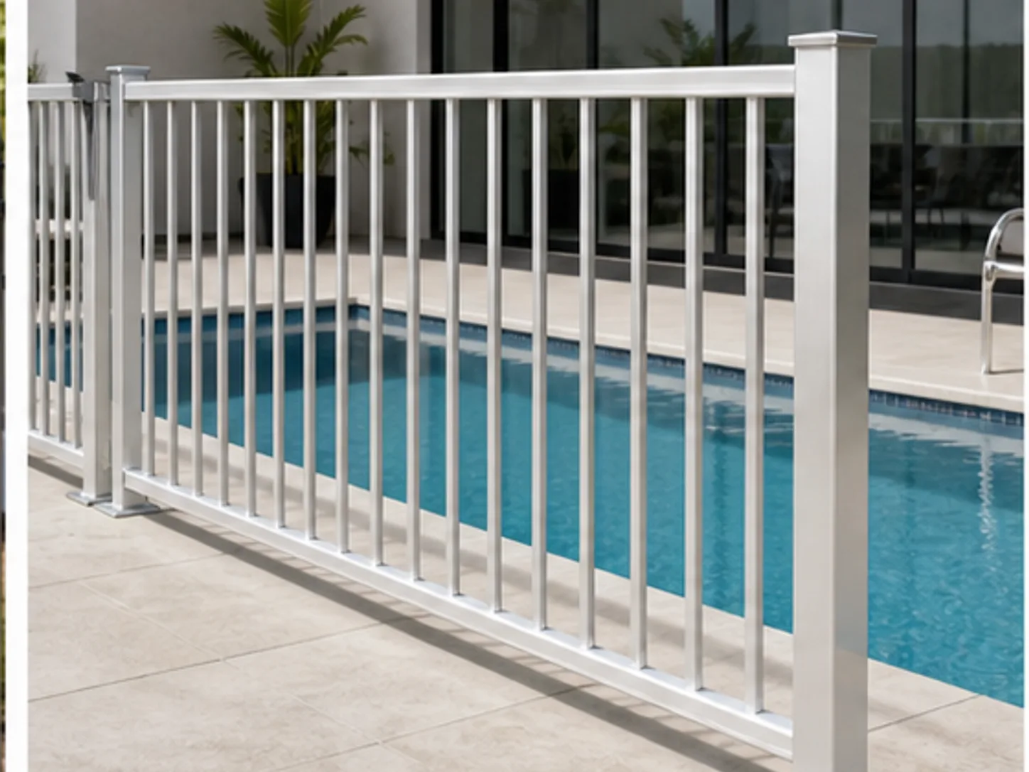 White aluminium pool fence panels beside a swimming pool