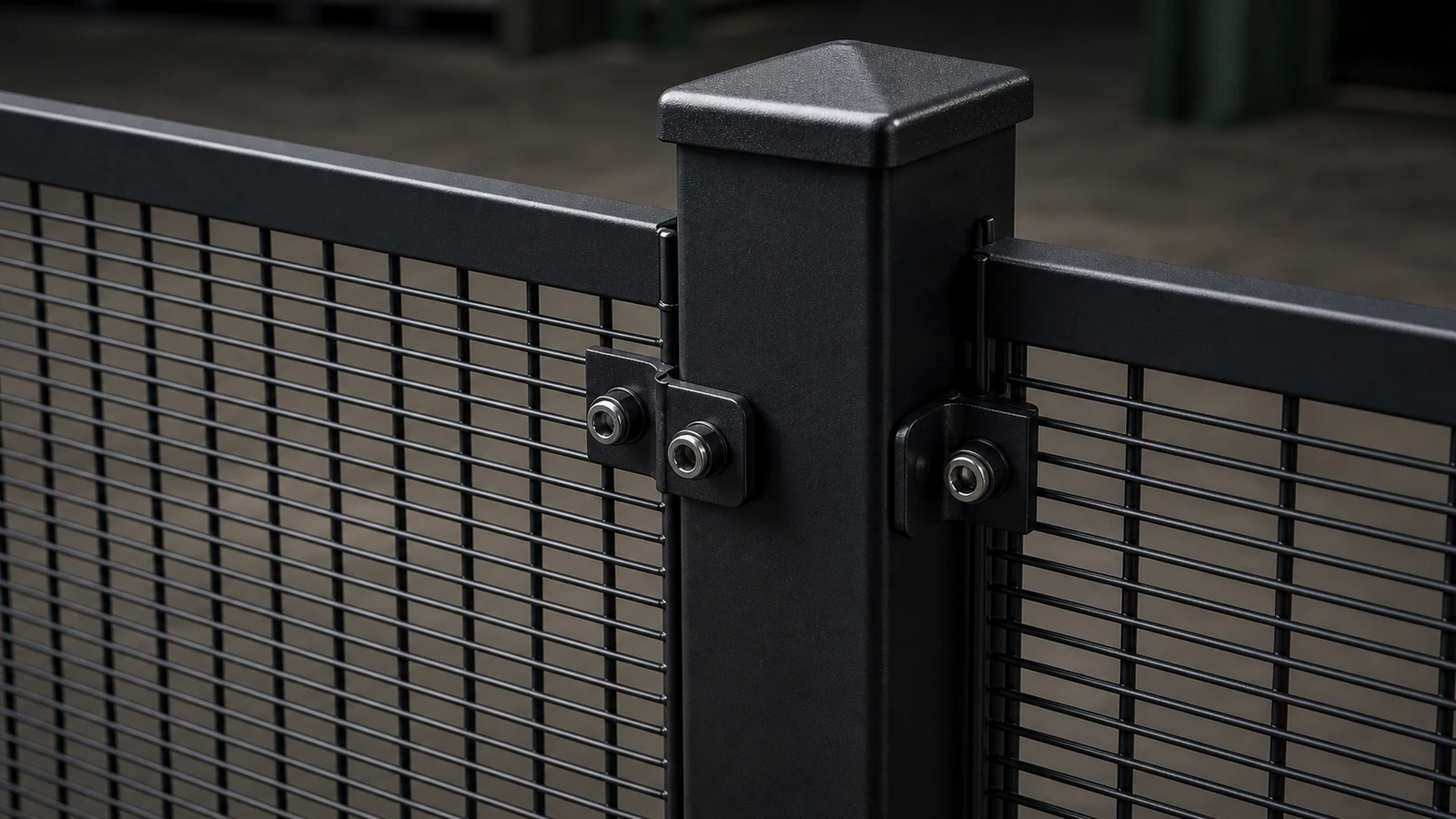 close-up of black 358 anti climb fence post clamp bar bolts and coated mesh