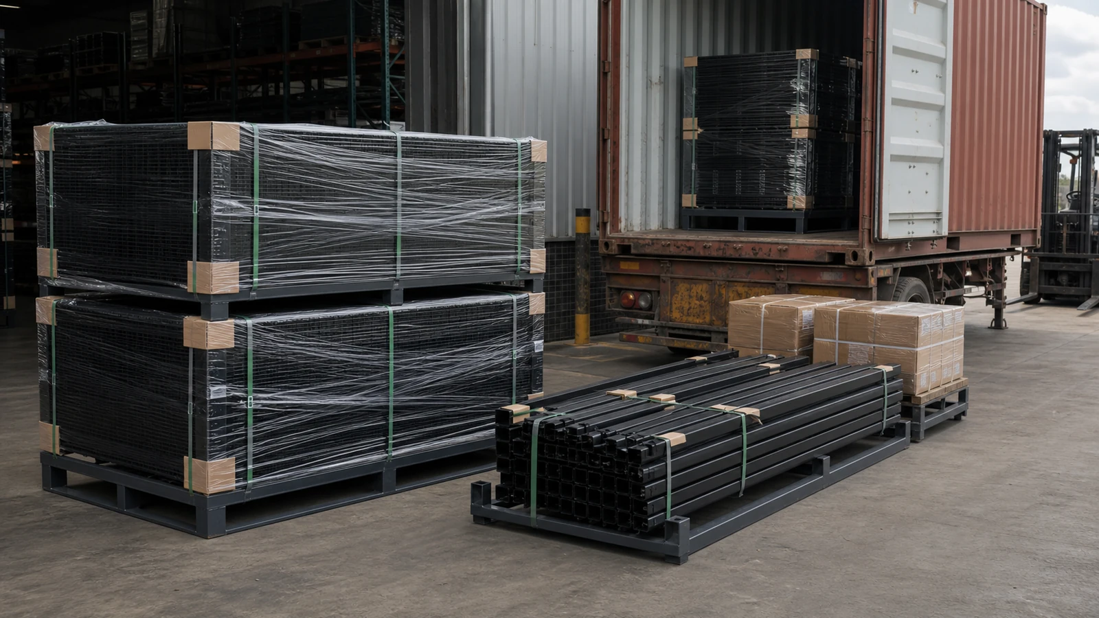 358 anti climb fence panels packed on steel pallets for export loading