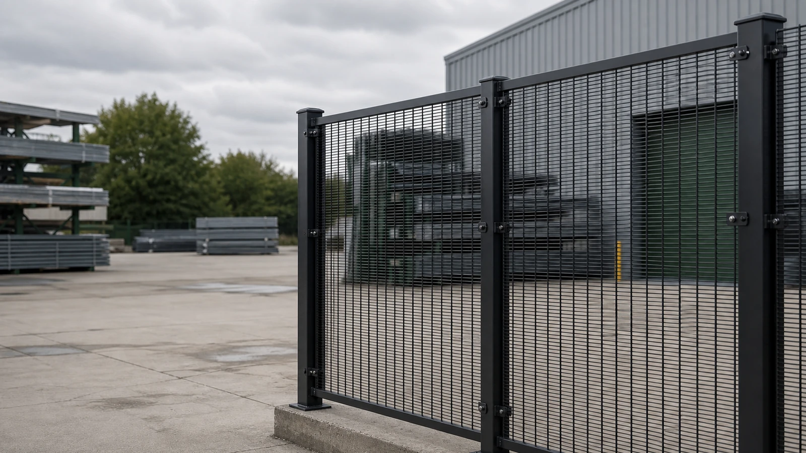 black 358 anti climb fence panels with posts and clamp fixings in a factory yard