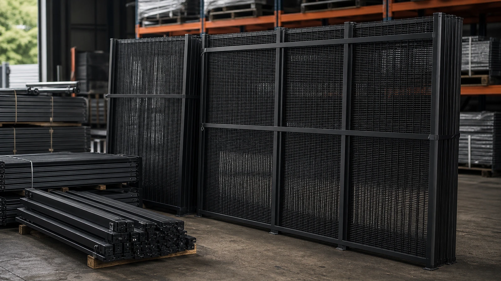 black 358 anti climb welded mesh fence panels standing in a factory dispatch area