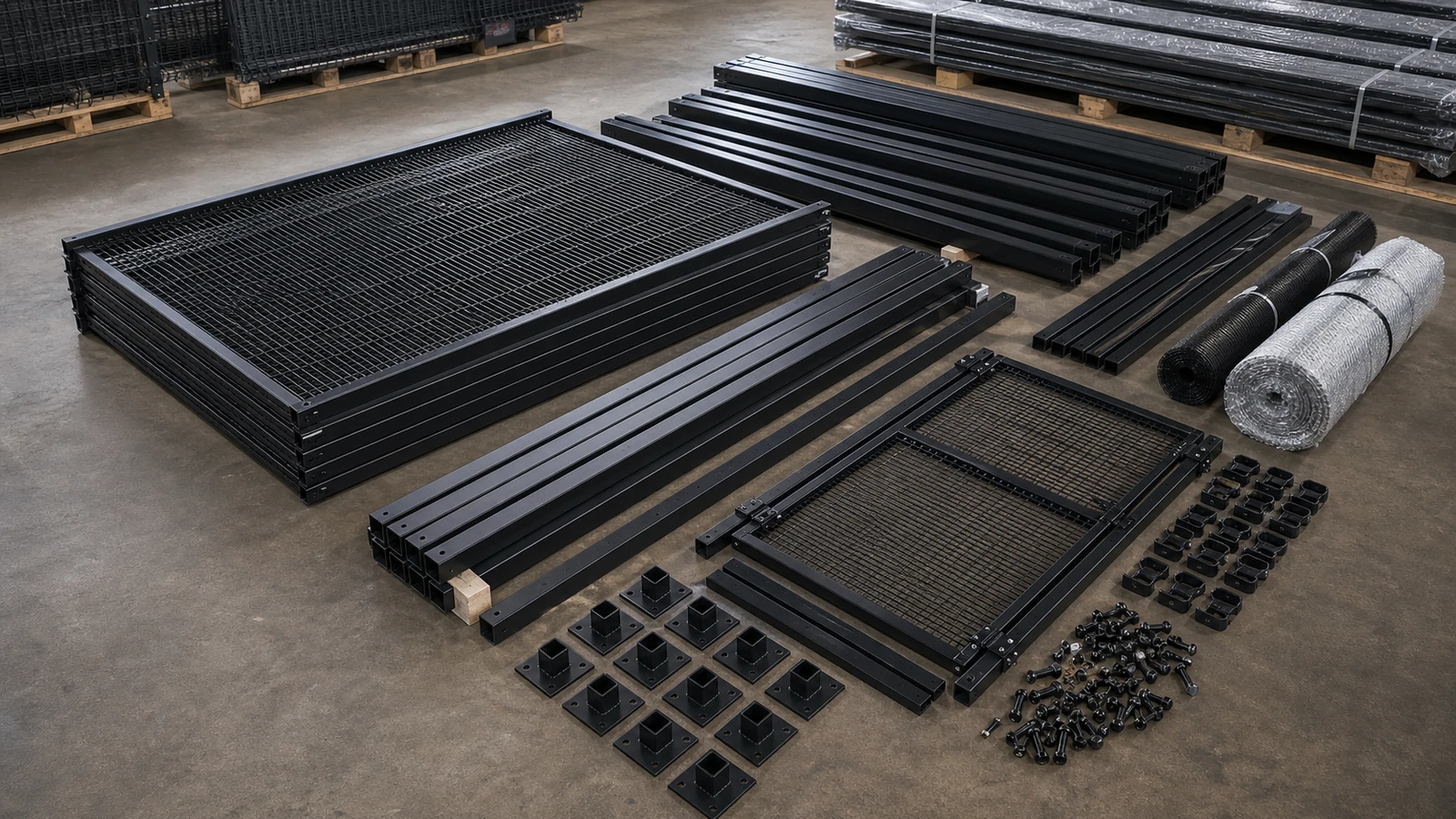 complete 358 anti climb fence order with panels posts clamp bars and accessories on factory floor