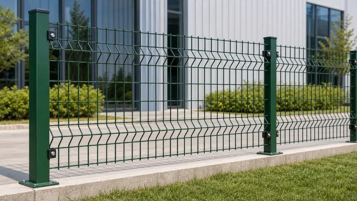 Installed green 3D welded wire mesh fence with V bends and square posts