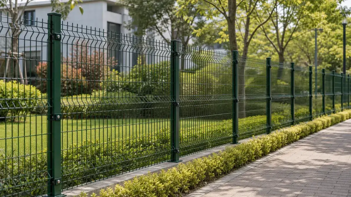 Installed green 3D mesh fence with gate opening