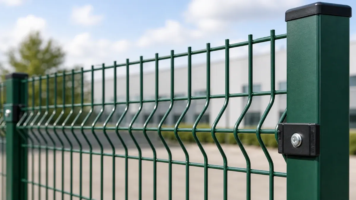 Close view of V-bend reinforcement on a 3D welded mesh fence panel
