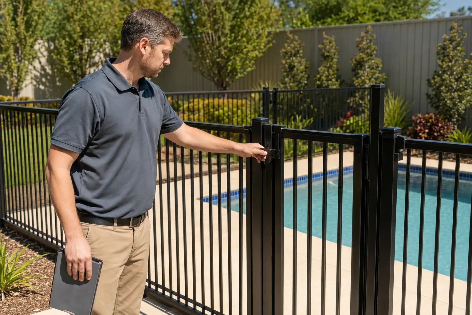 Inspector checking the latch on a black aluminium pool fence gate after installation