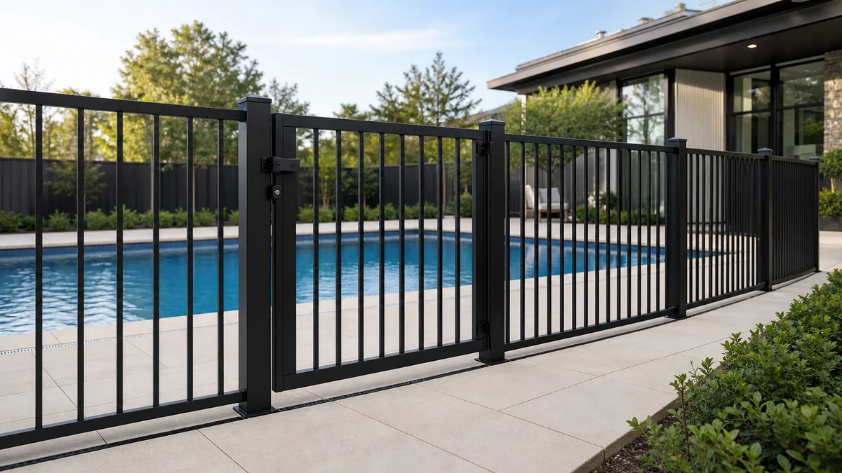 Modern residential pool protected by black aluminium fence panels and a matching gate