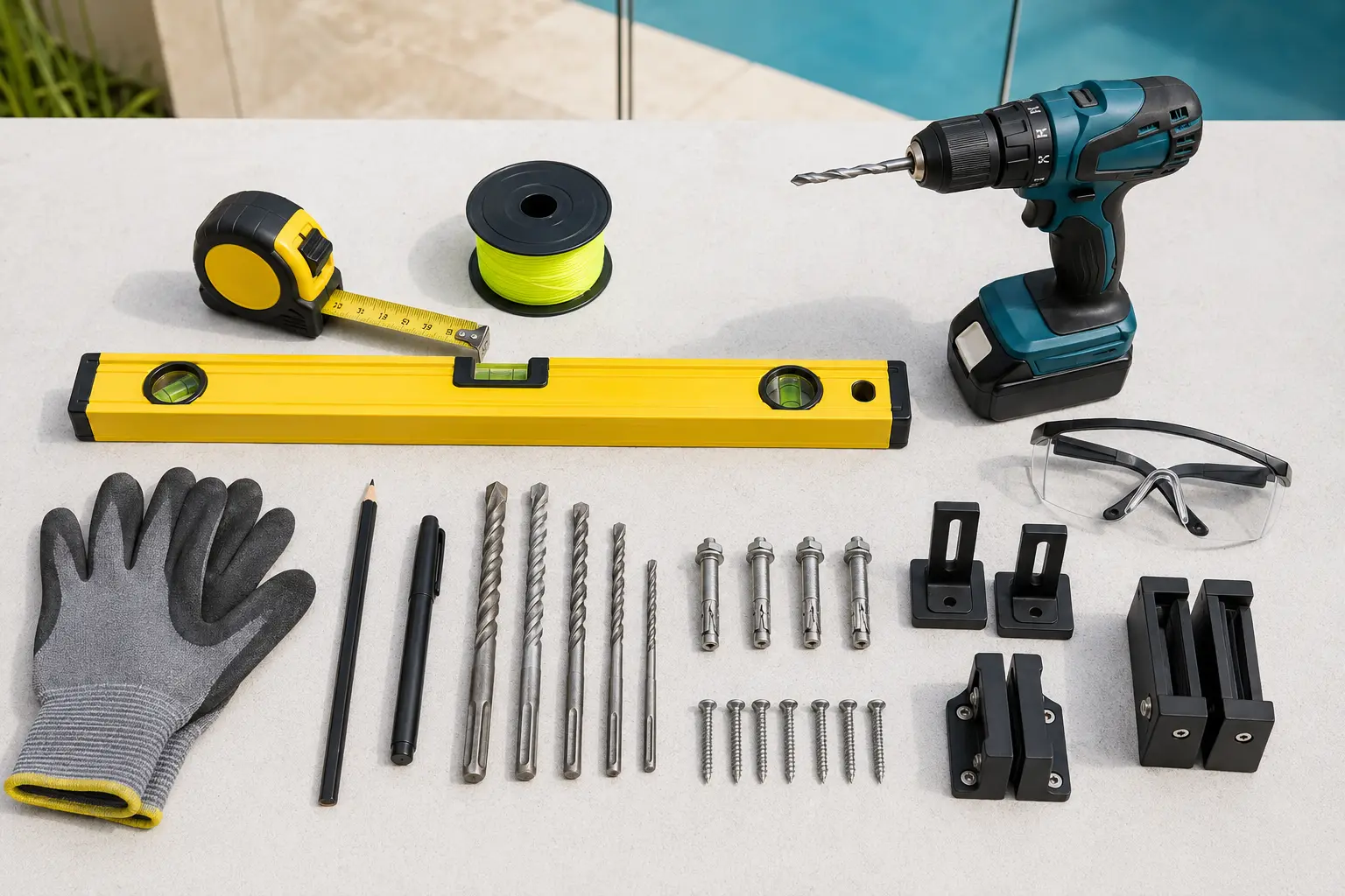 Tools and hardware for aluminium pool fence installation including drill, level, anchors, brackets and safety glasses