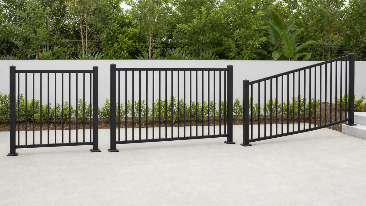 Standard, extra-wide and sloped black aluminium pool fence panel configurations