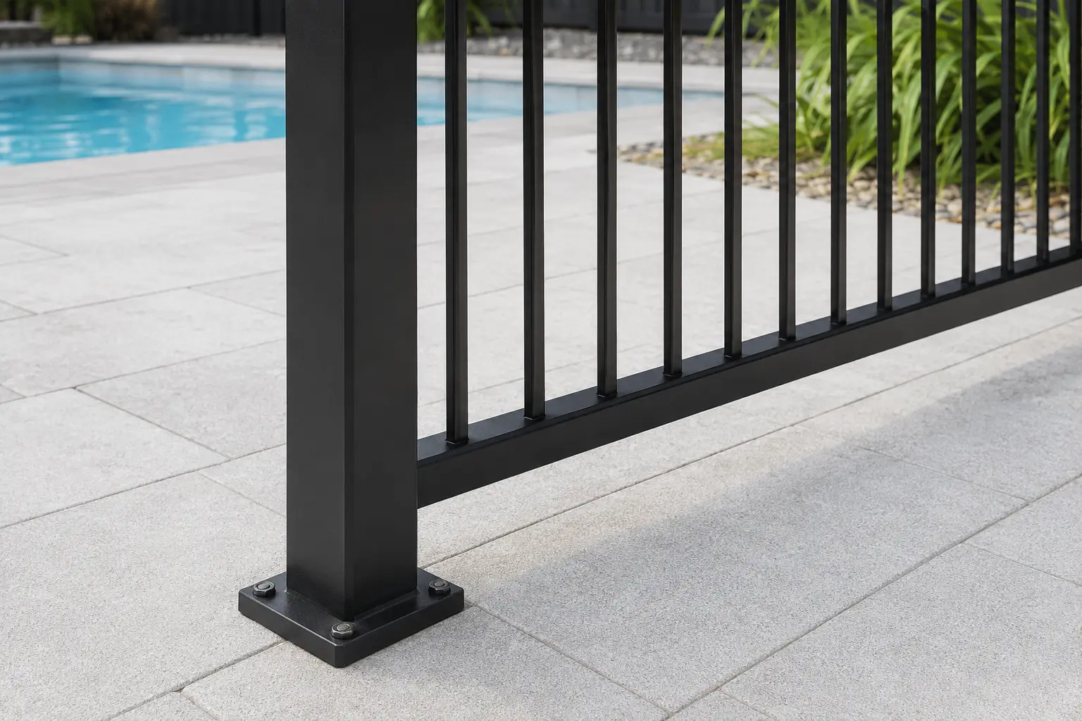 Black aluminium pool fencing installed on pavers with base plates beside a swimming pool
