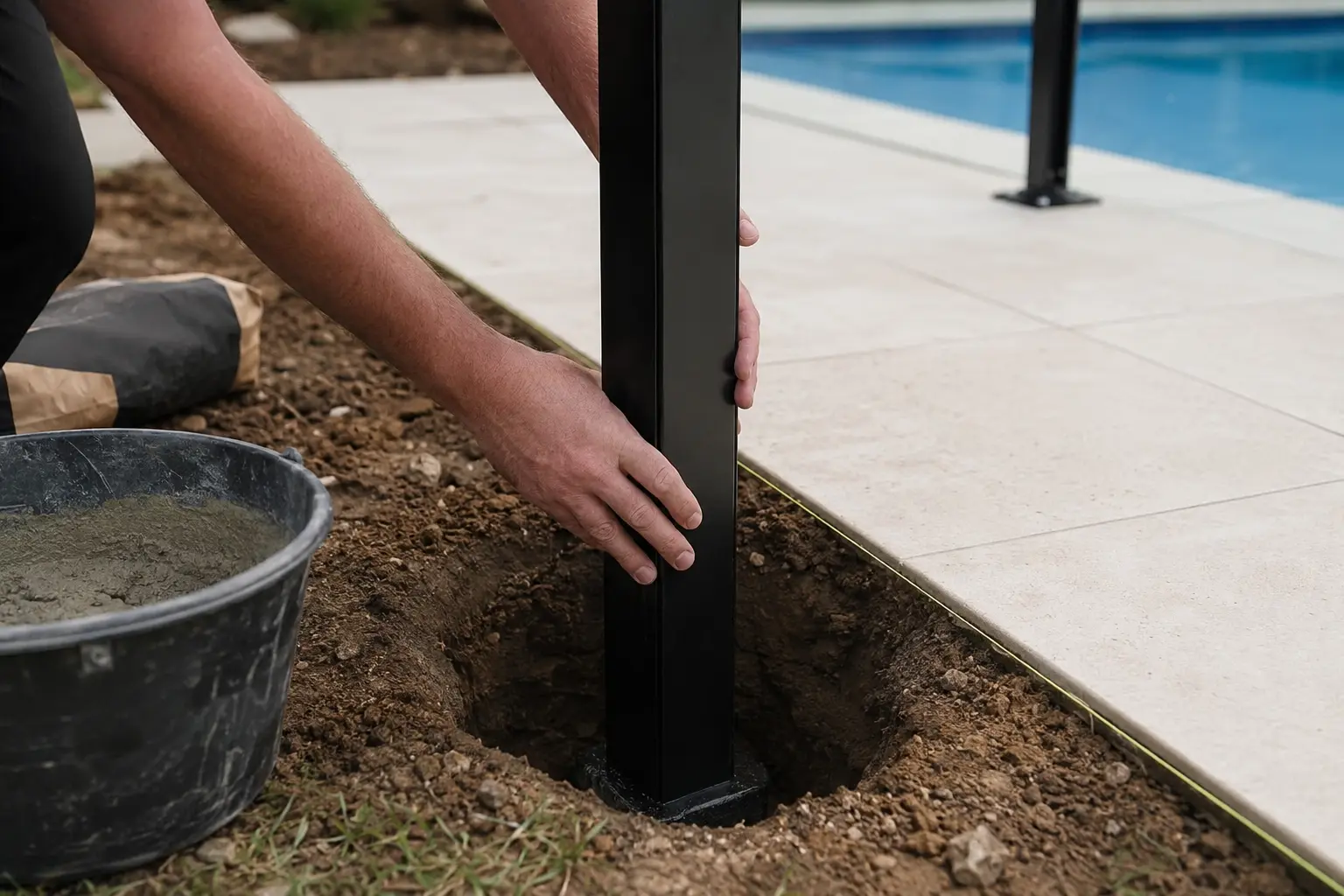 Installer setting a black aluminium pool fence post into an in-ground footing beside a pool