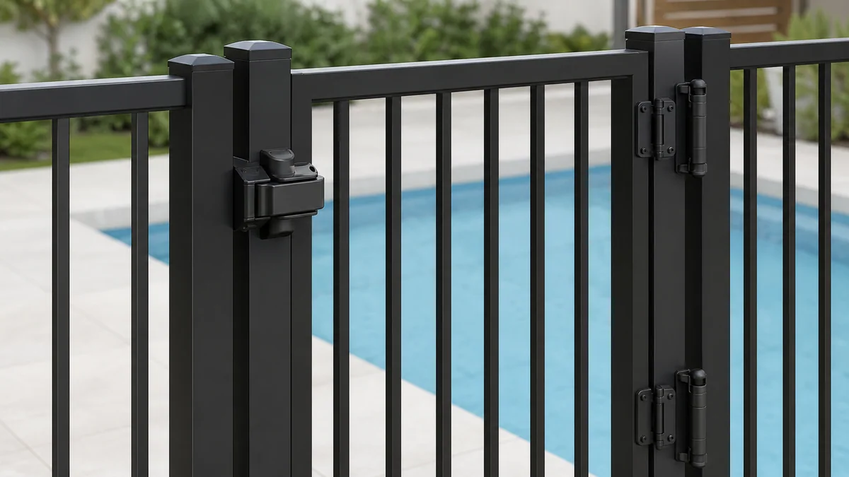 Close-up of black aluminium pool gate with self-closing hinges and self-latching hardware