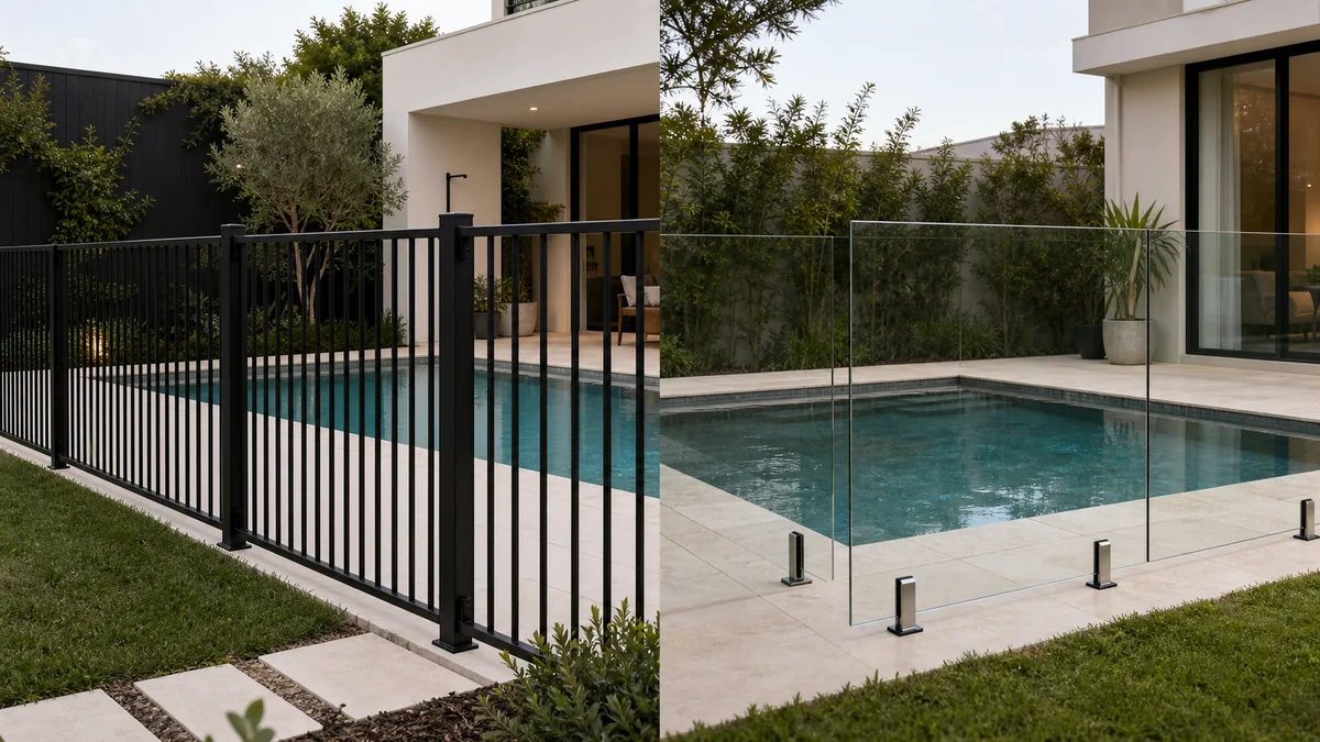 Side-by-side comparison of black aluminium picket pool fencing and frameless glass pool fencing