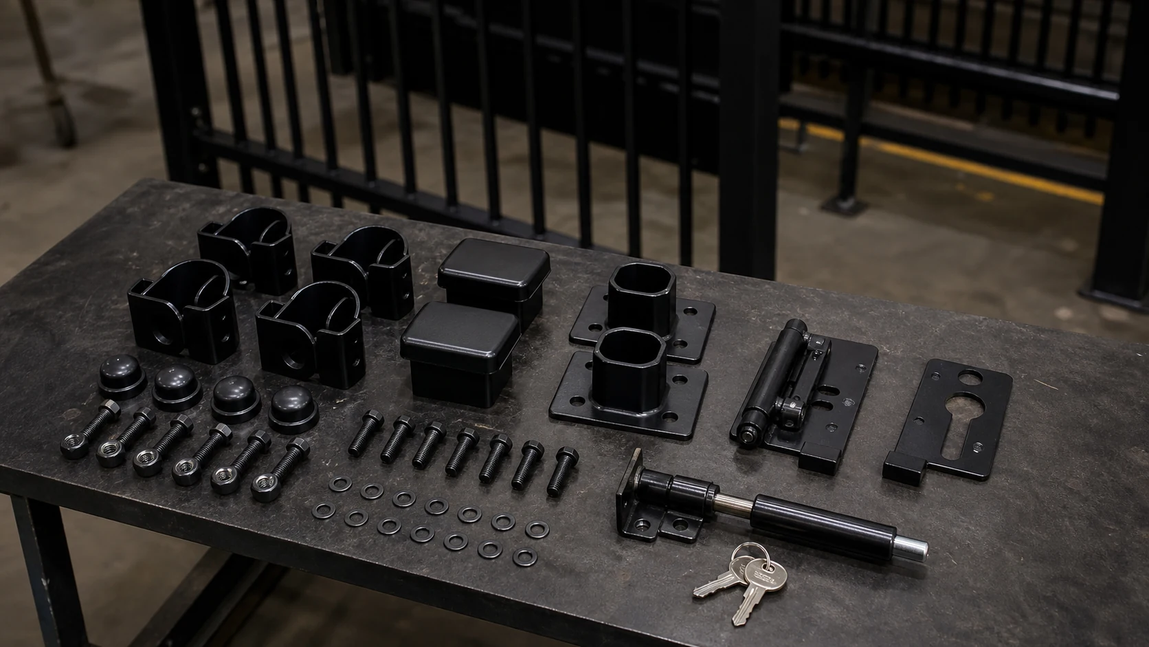 metal security fence fittings and accessories on factory workbench