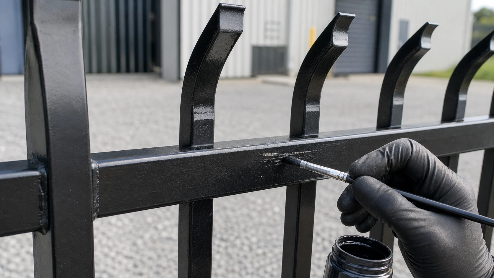 black bent top metal security fence coating touch up after installation
