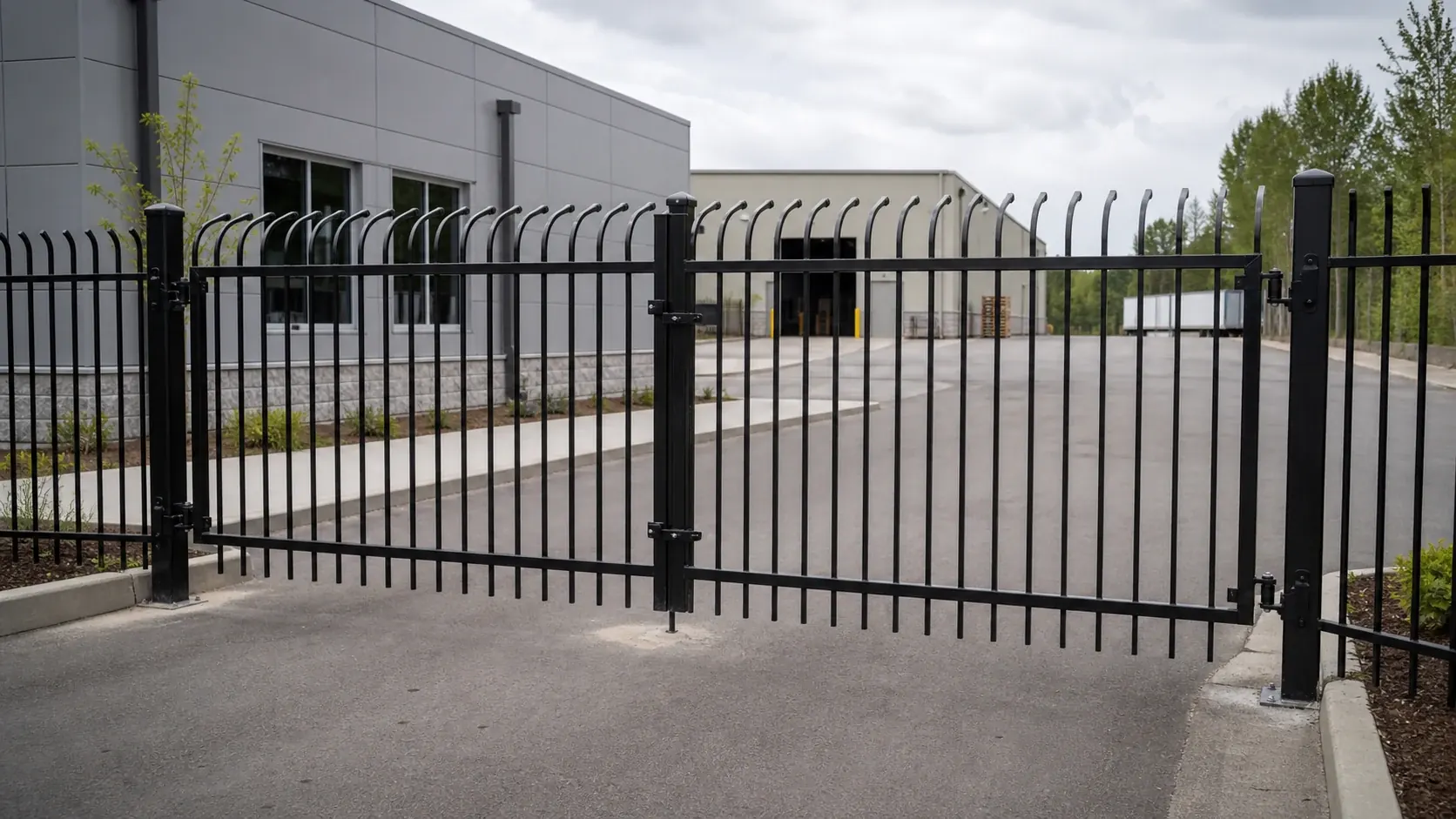 bent top security fence double swing gate installed at industrial entrance