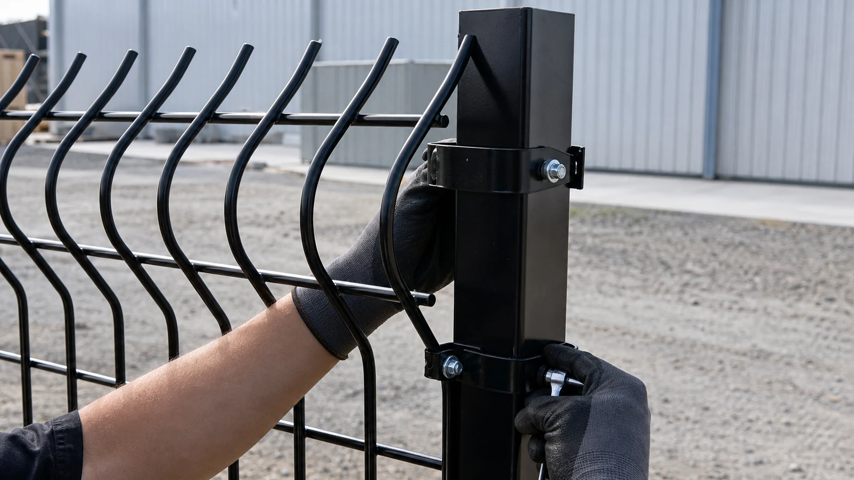 bent top metal security fence panel fixed to post with clamps