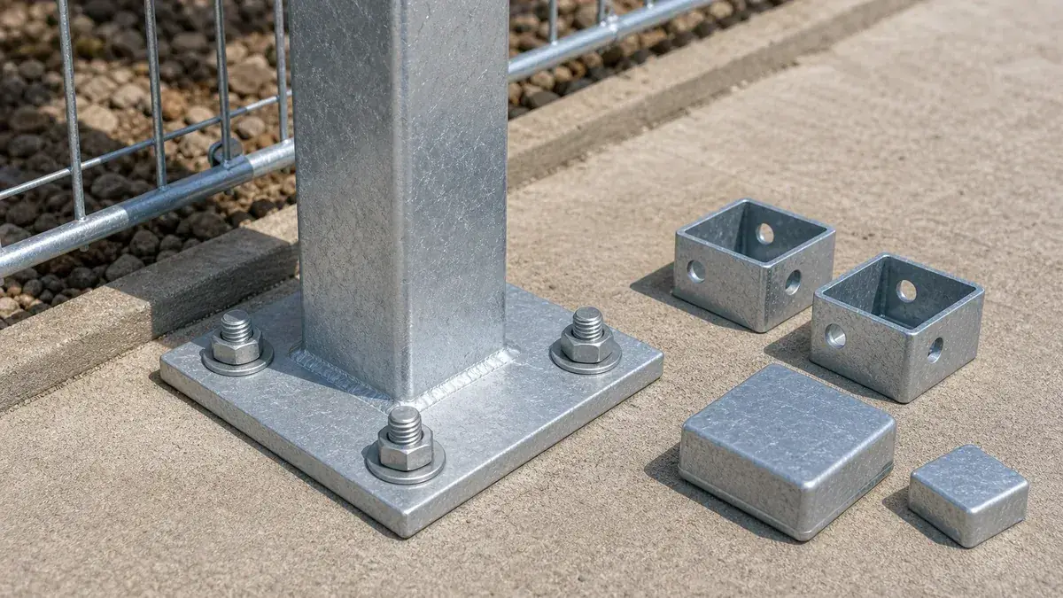 Galvanized square steel fence post base plate fixed to concrete with anchor bolts and post caps nearby