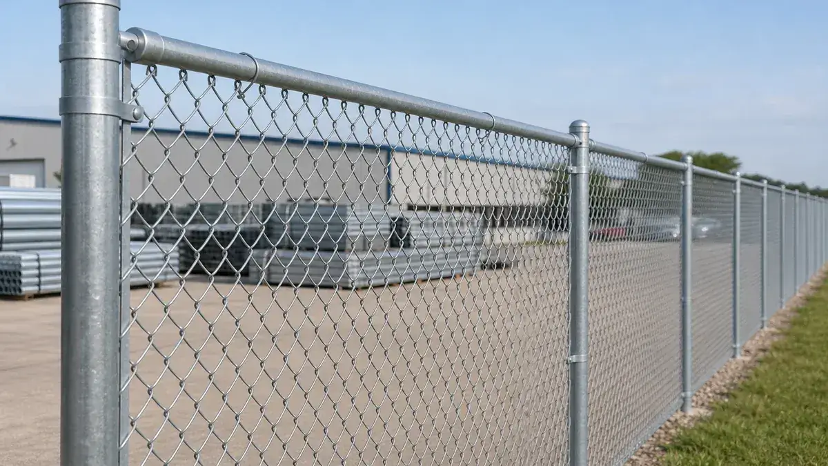 Galvanized round steel posts with top rail and chain link fence mesh installed outdoors