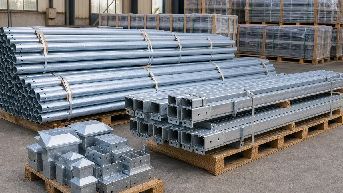 Bundled galvanized round pipe posts and square steel posts packed on pallets for export shipment