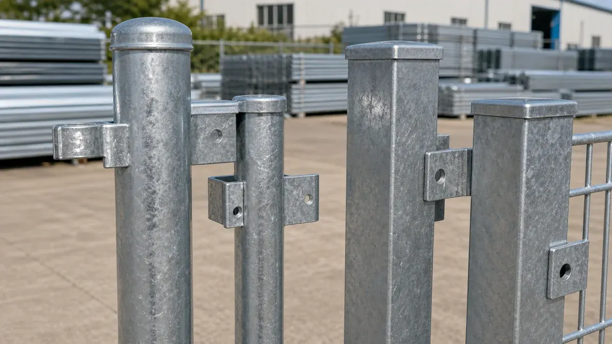 Round and square galvanized steel fence posts with caps and welded brackets