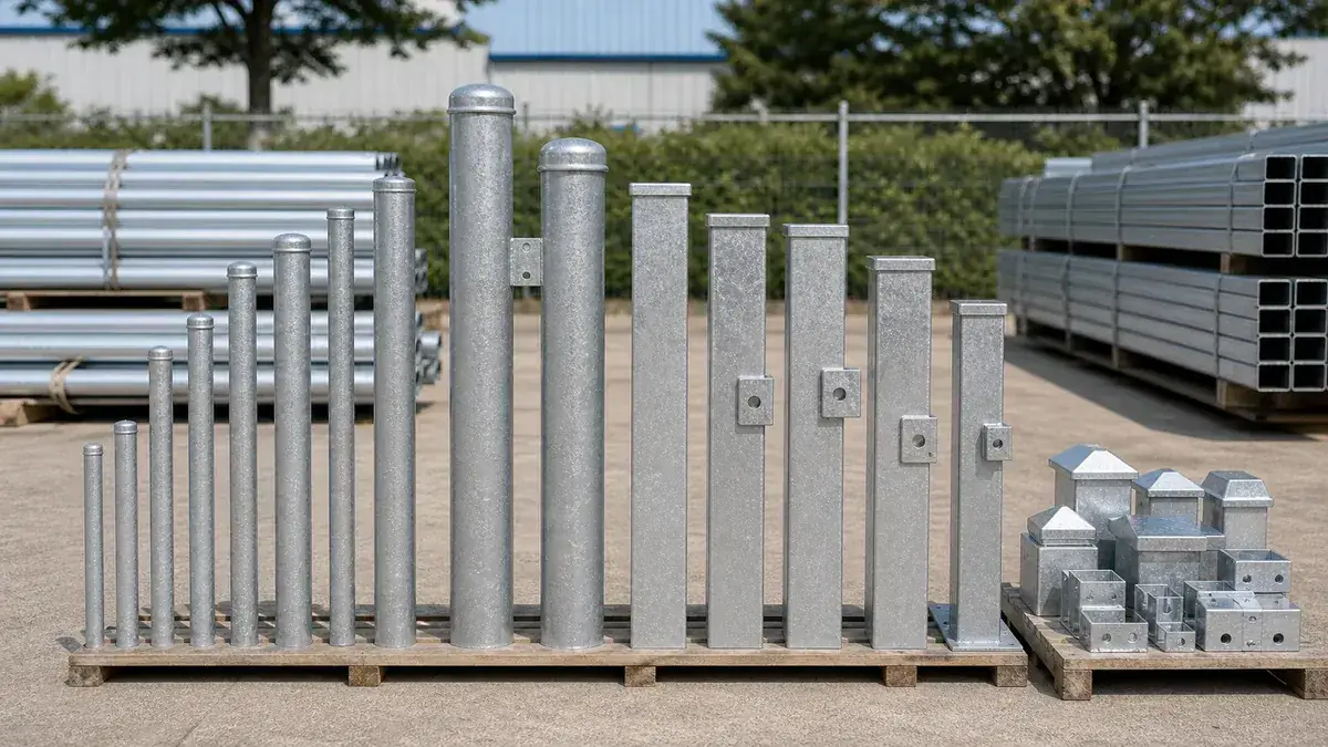 Assorted galvanized round pipe posts and square steel fence posts arranged by size on pallets