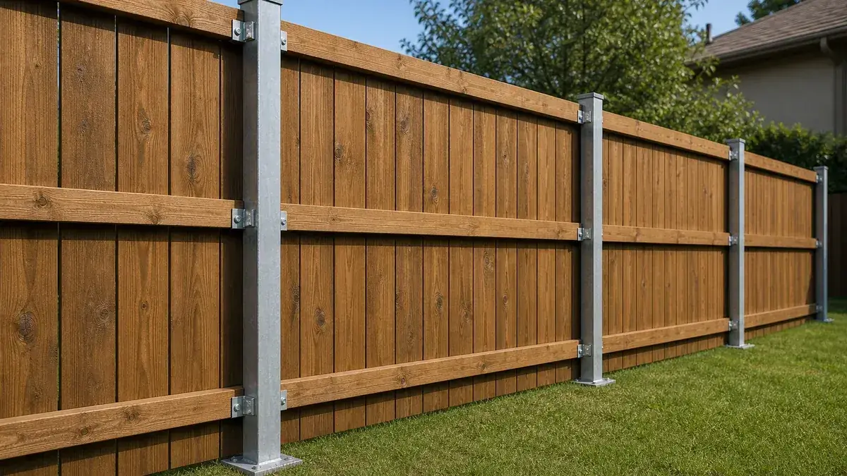 Wood privacy fence panels installed with galvanized square steel fence posts and brackets