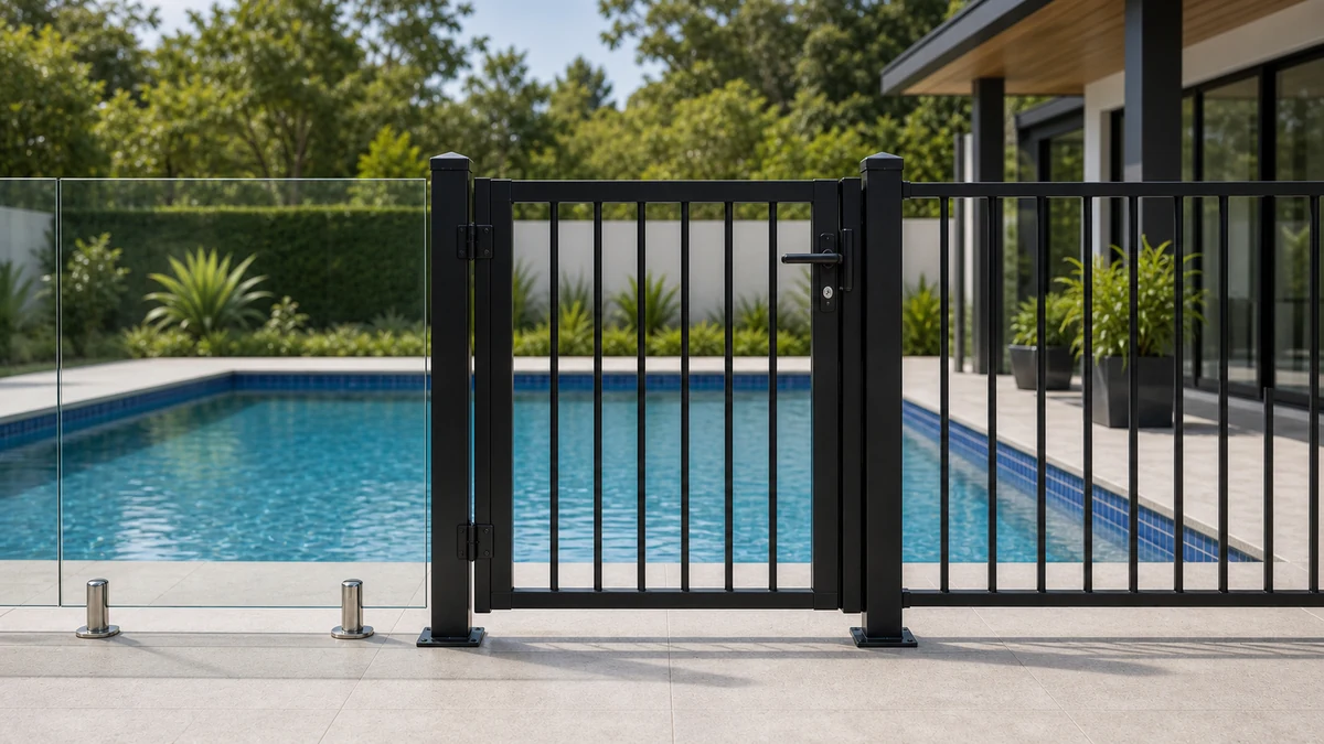 frameless glass pool fence on the left with black aluminium pool gate and aluminium fence panels on the right