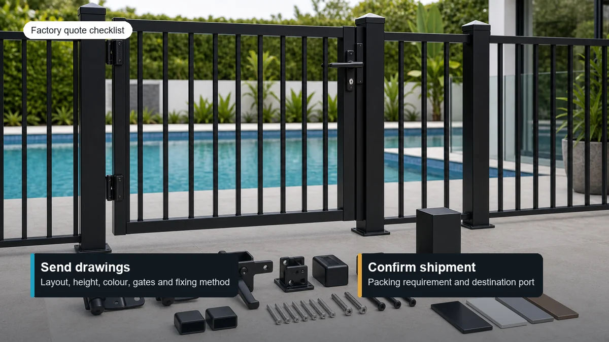 aluminium pool fencing factory quote checklist for drawings layout height color gates fixing and destination port