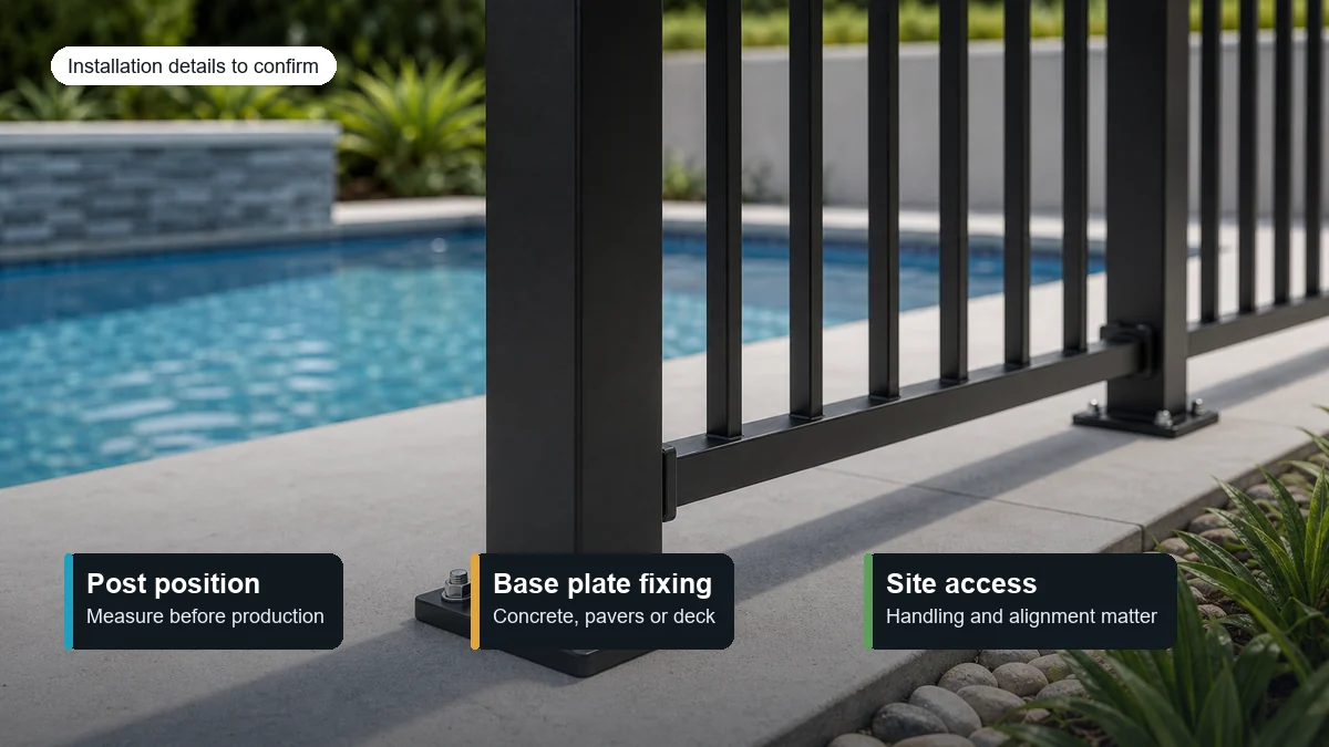 aluminium pool fence base plate fixing detail beside swimming pool
