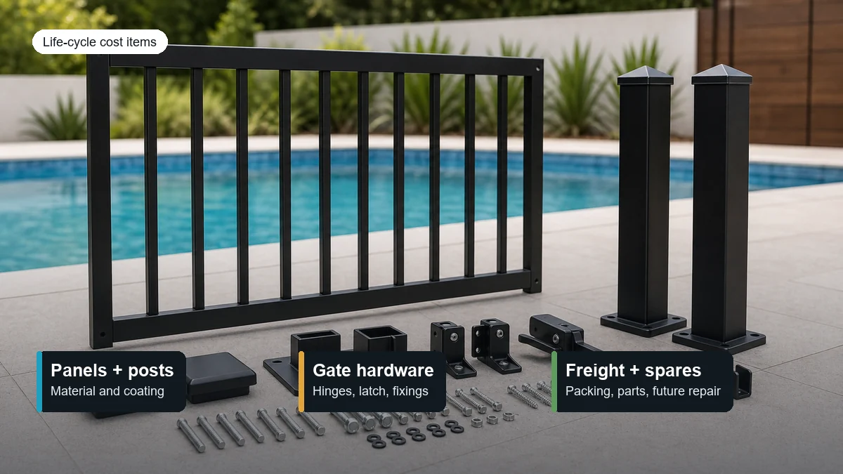 pool fence life cycle cost items including panels posts gate hardware freight and spare parts