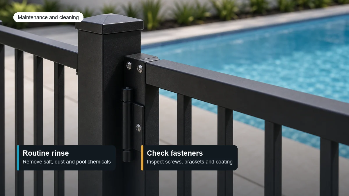 black aluminium pool fence post and fasteners with maintenance cleaning notes