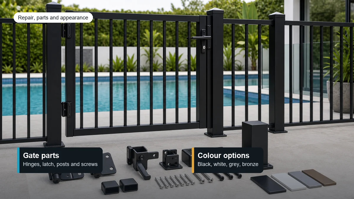 aluminium pool fence gate with self-closing hinge and latch plus custom color options