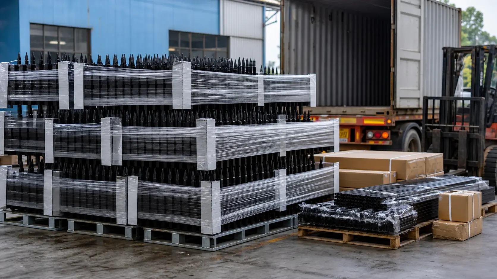 spear top security fencing export packing with panels posts and cartons