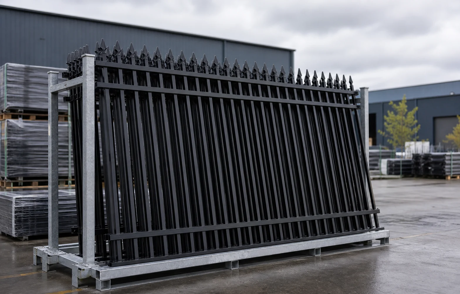 black spear top security fence panels prepared at factory dispatch yard