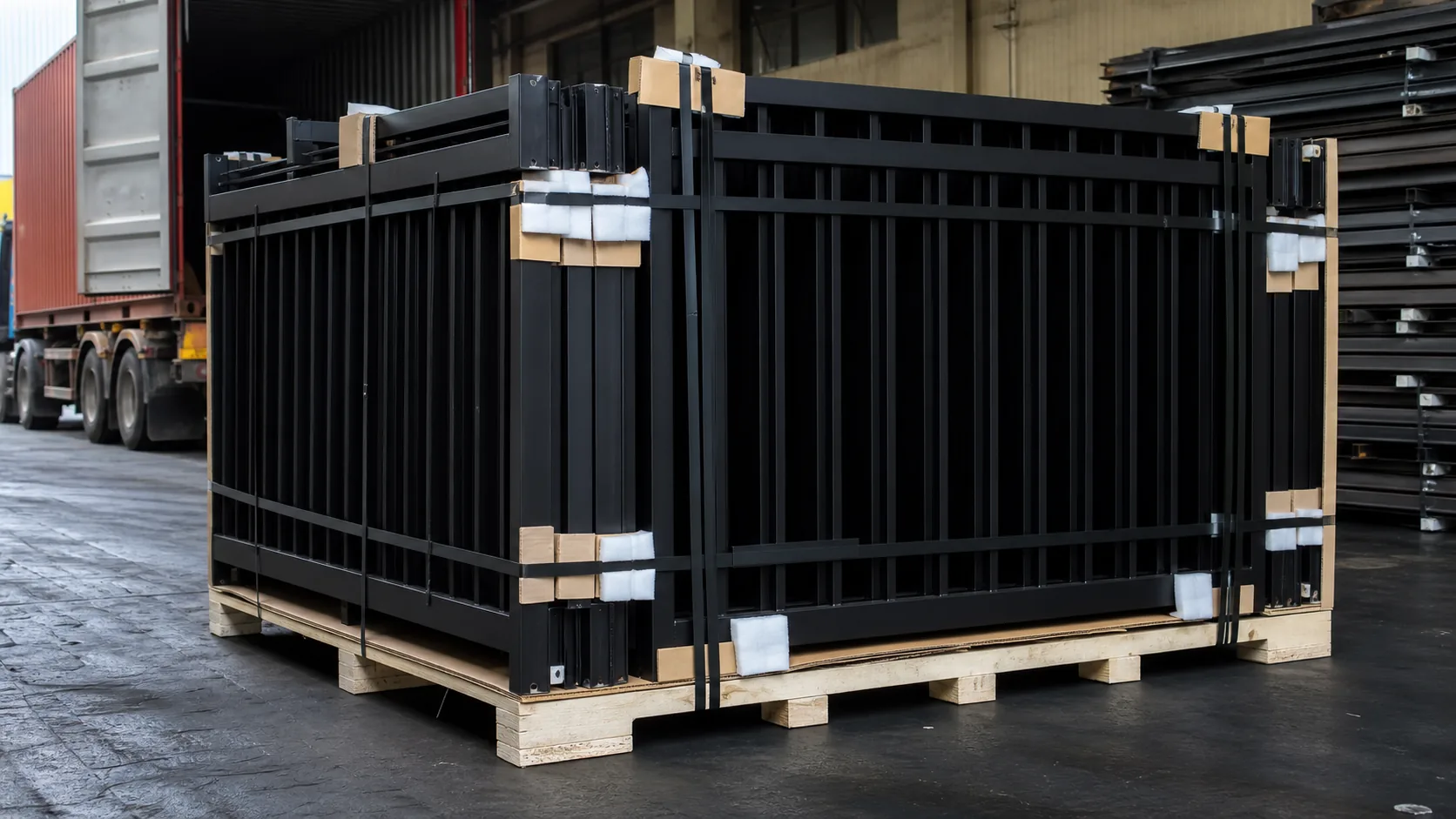 export ready steel flat bar fence panels in factory loading bay