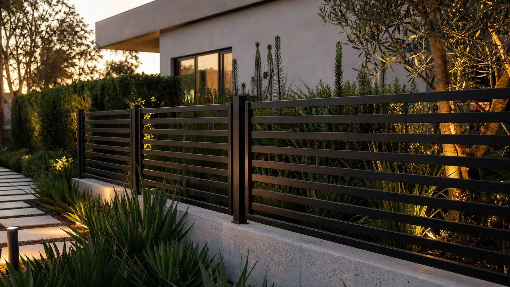 Black aluminum privacy fence panels installed beside a residential garden walkway