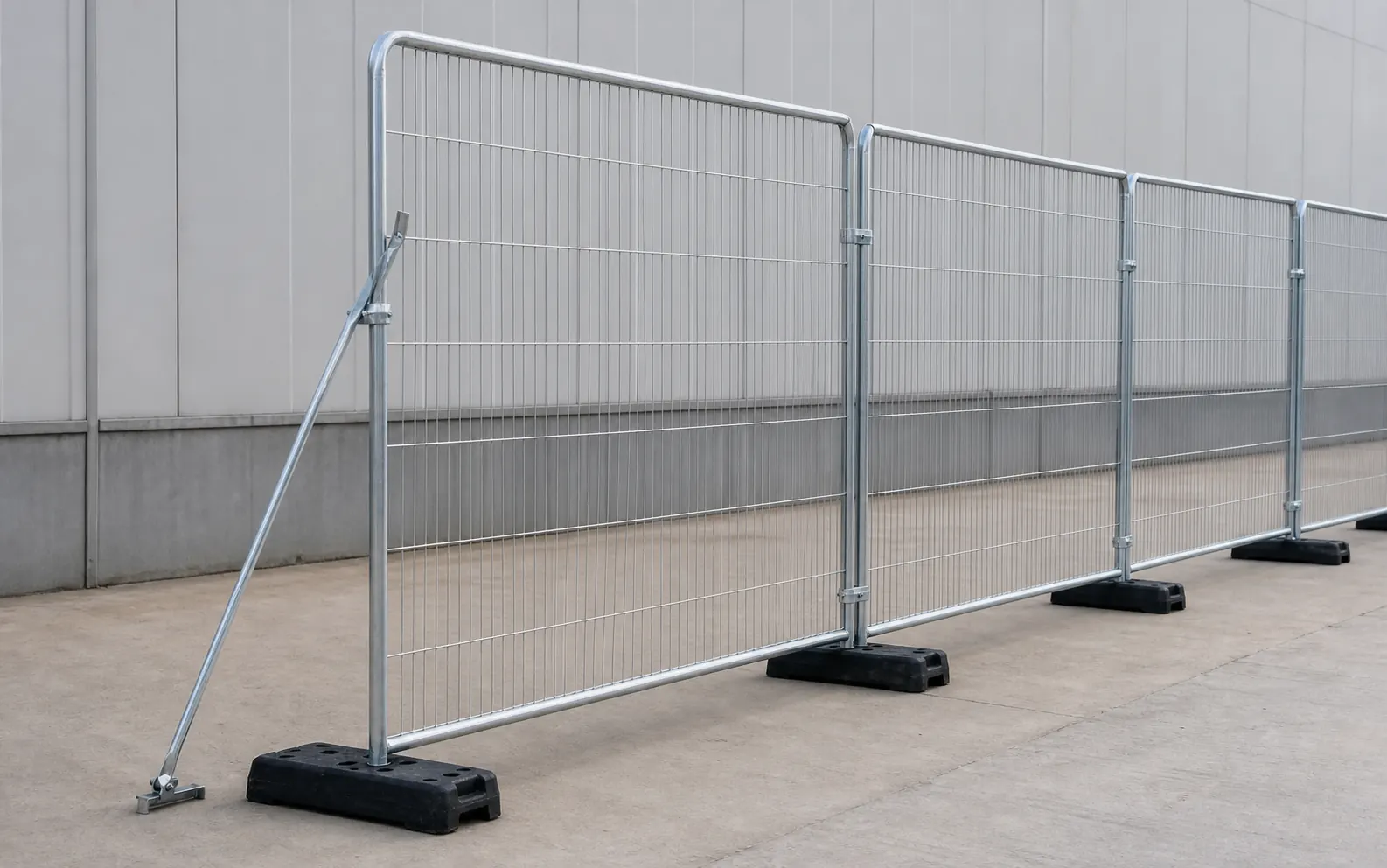 Temporary construction fence panels with bases and stabilizer braces