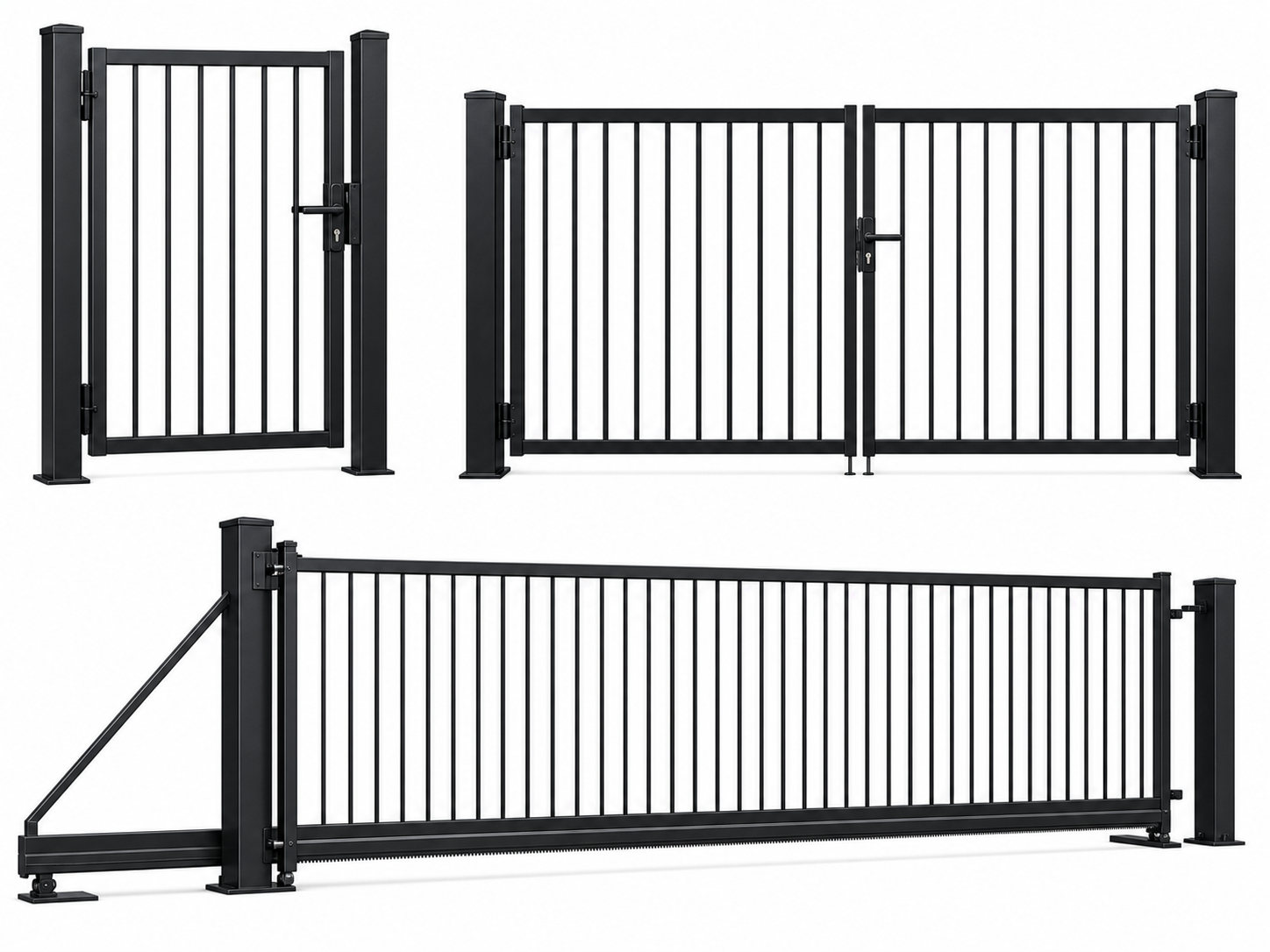 Metal pedestrian swing and sliding fence gates