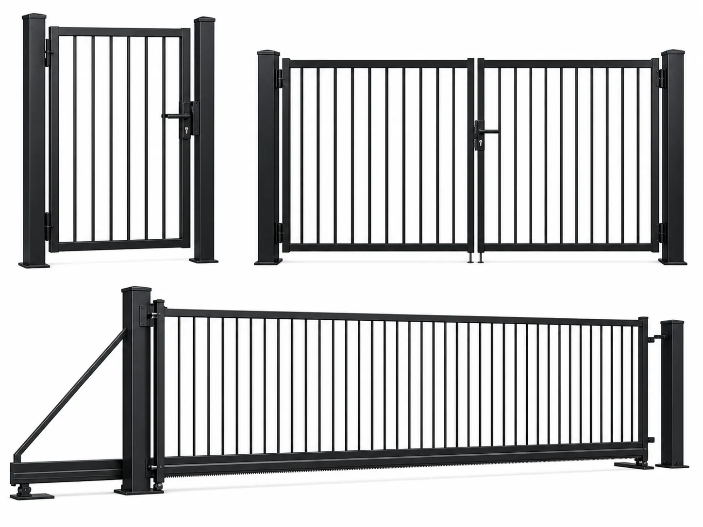 Black steel fence gate with vertical pickets on a white background