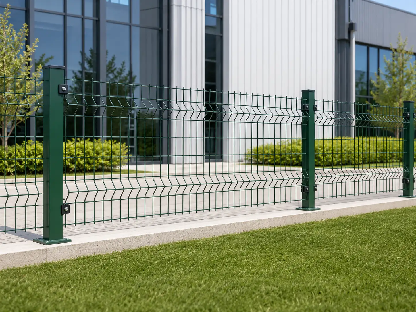 Complete green 3D wire mesh fence system with panel, post and fixing points