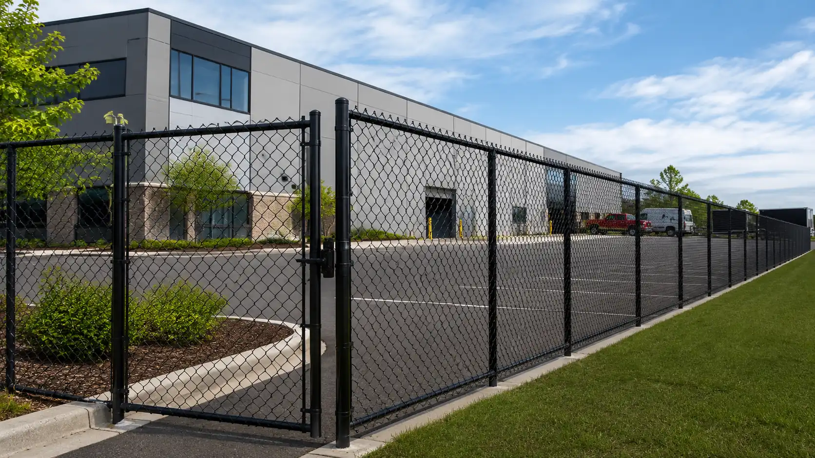 Black PVC coated chain link fence around a business yard and parking area