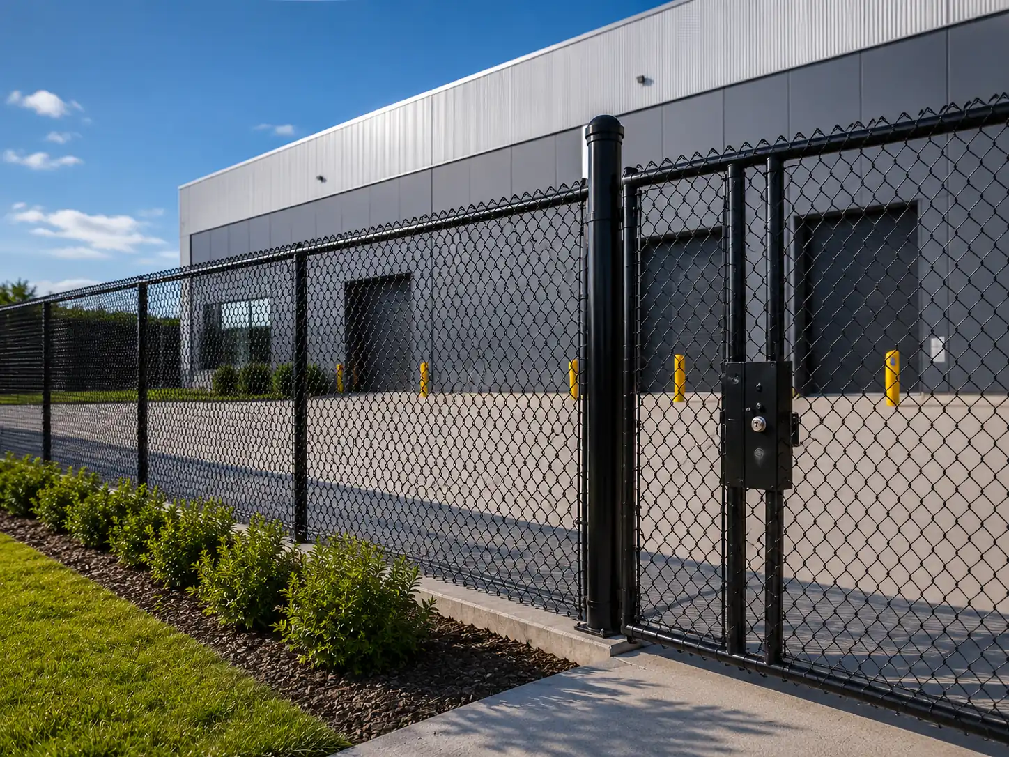 Black PVC-coated chain link fence around a commercial building
