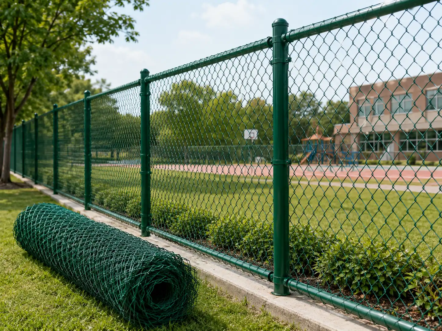 Green PVC coated chain link fence beside a sports field