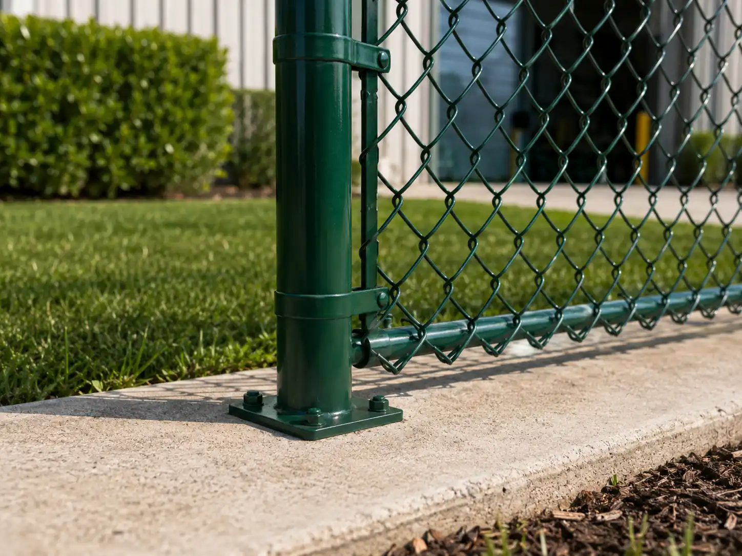 Base-plated PVC coated chain link fence post detail