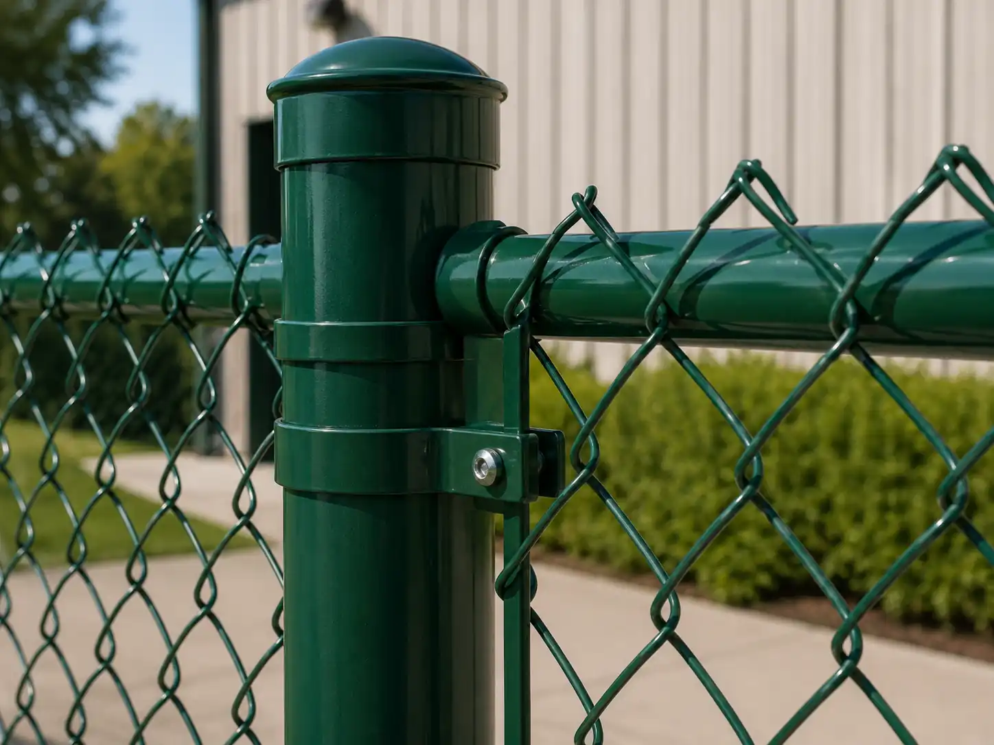 PVC coated chain link fence post cap and fixing clamp detail
