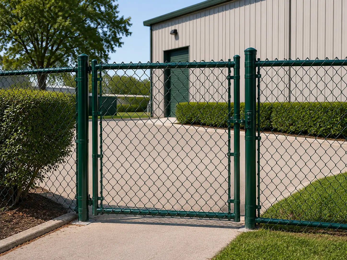 Green PVC coated chain link swing gate and fence system