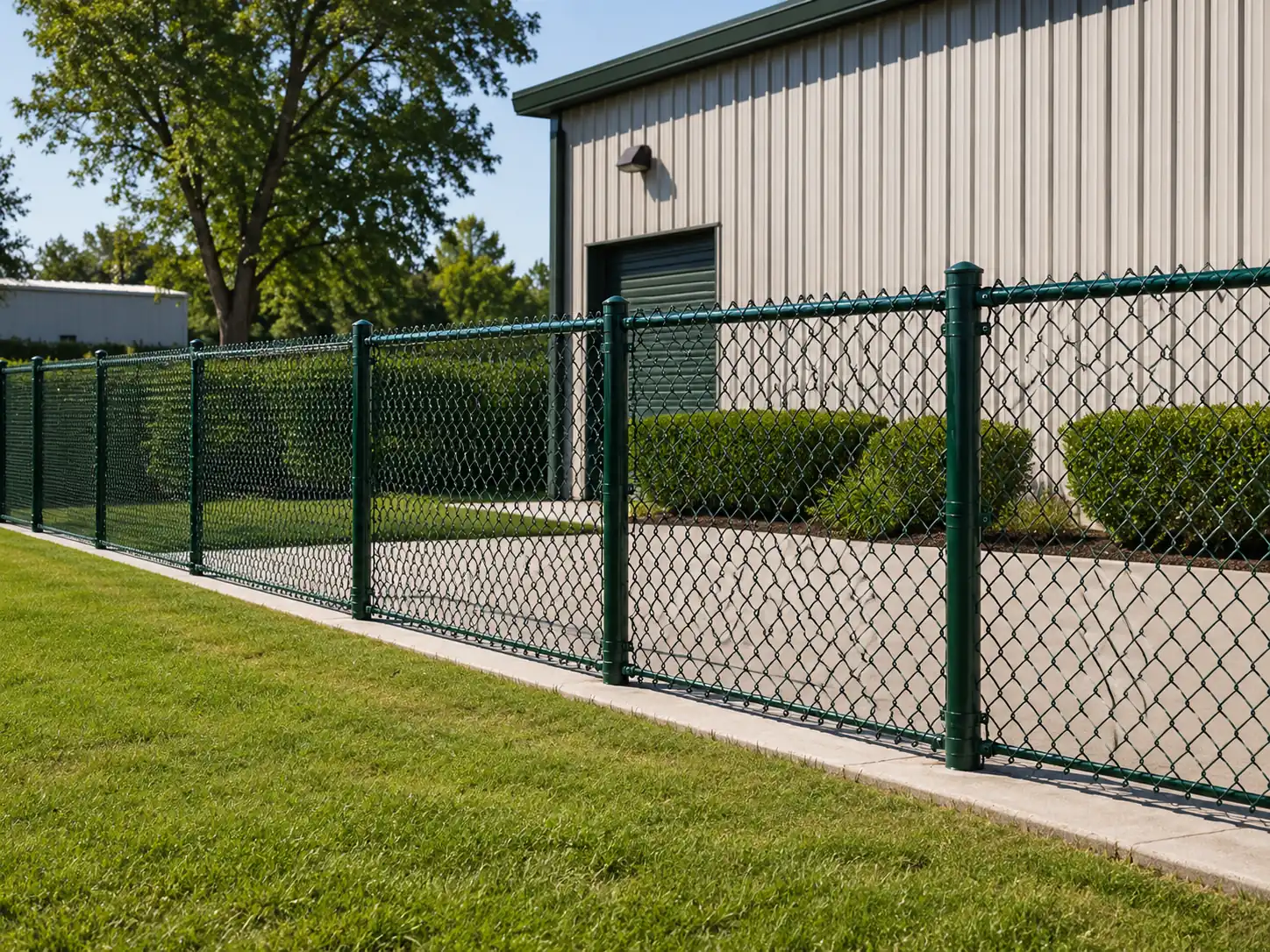 PVC coated chain link fence system installed around industrial building