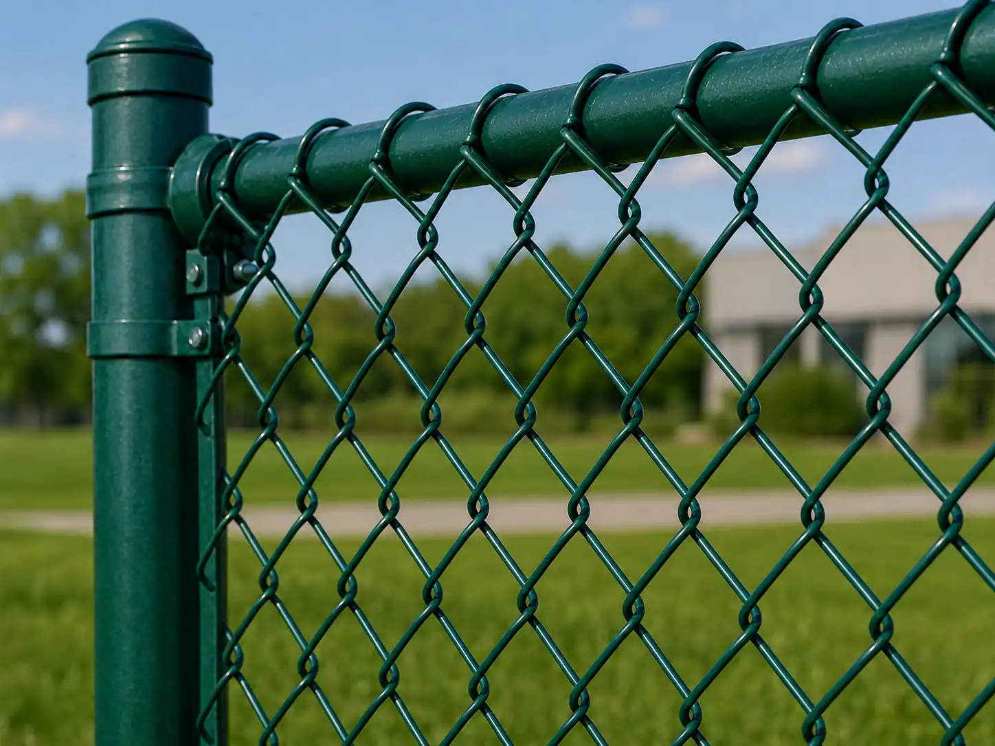 PVC coated chain link mesh detail with green post and top rail