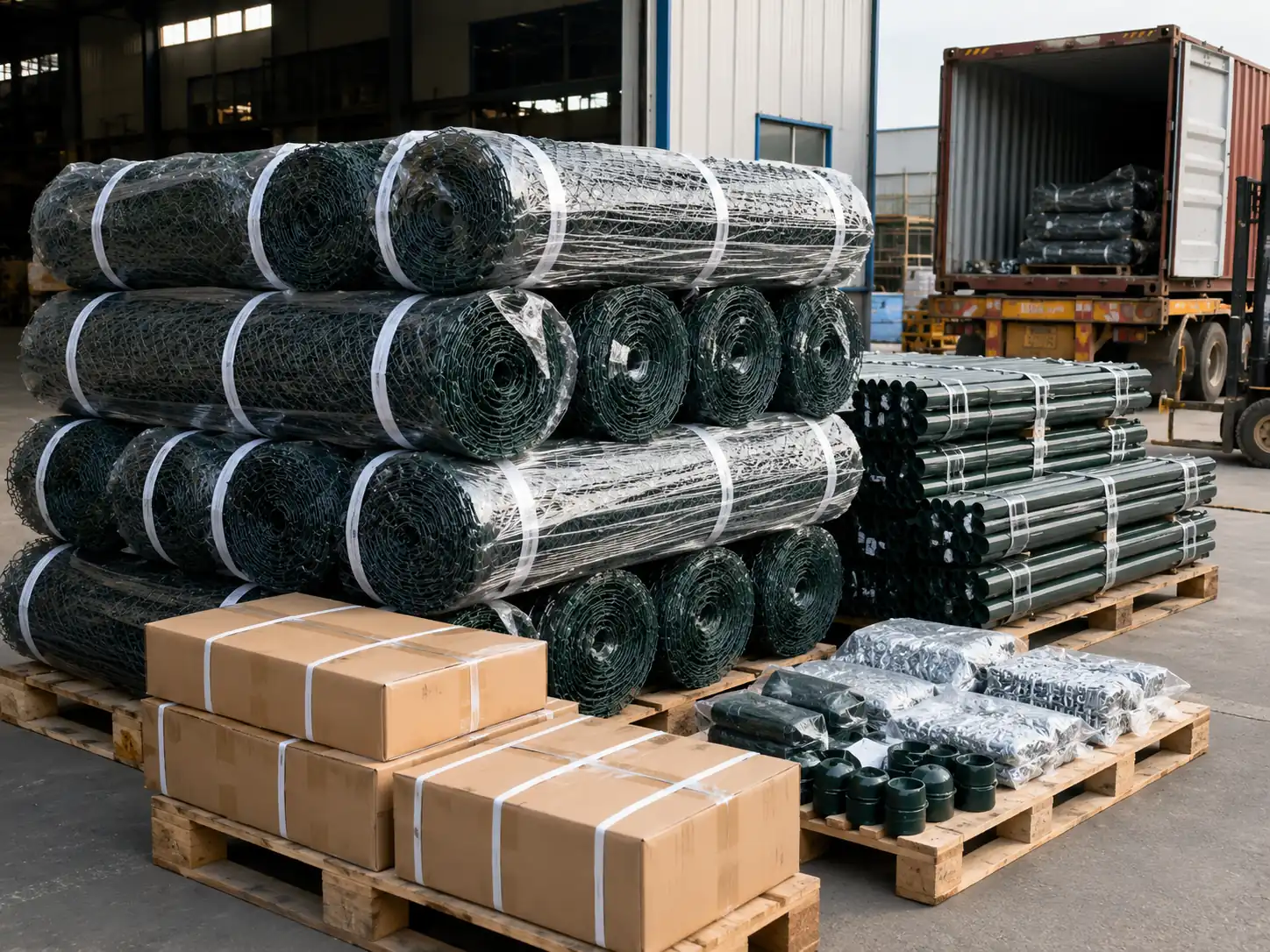 PVC coated chain link fence rolls, posts and hardware packed for loading